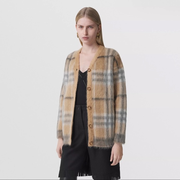 Burberry Nadeen Mohair Beige Check Cardigan - Picture 2 of 8